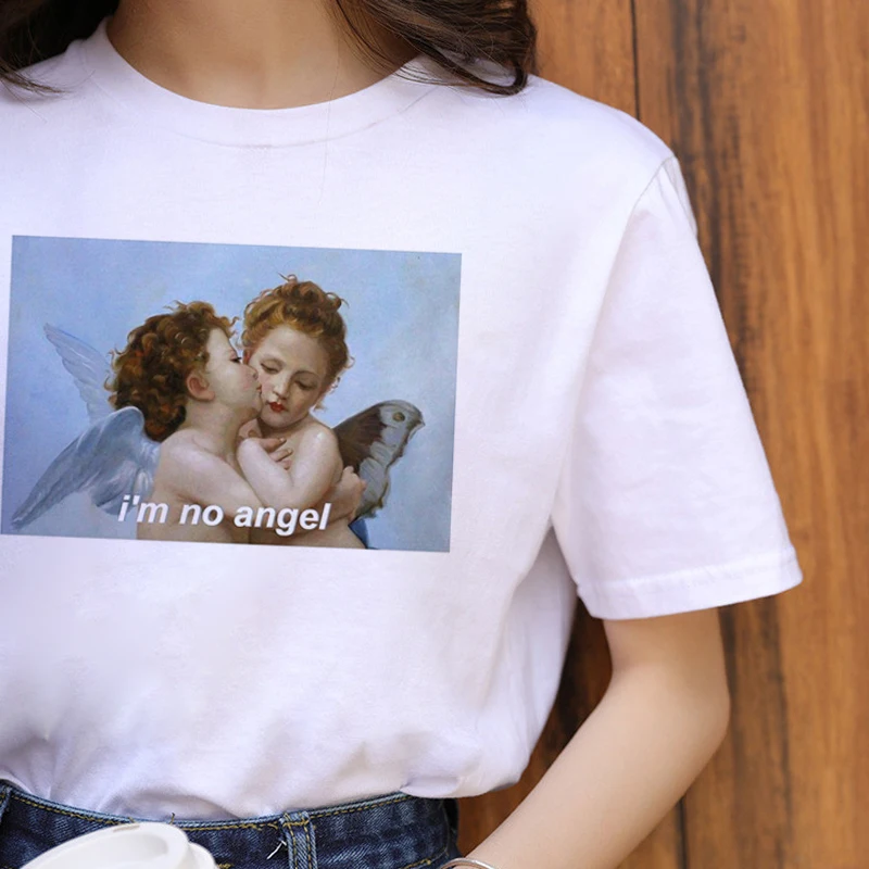 Ангел Kawaii Harajuku футболка Для женщин Ullzang Винтаж ангелы корейский стиль 90s эстетику