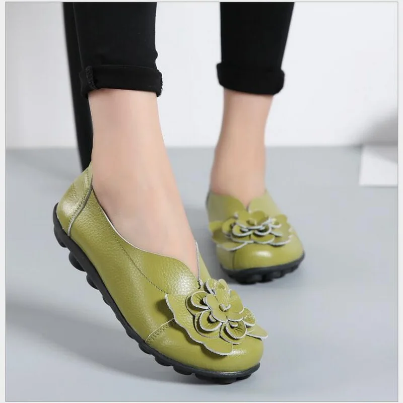 Spring Autumn Women Loafers Genuine Leather Flat Shoes Ballet Flats Round Toe Comfortable Casual Women Shoes Plus Size #35-44