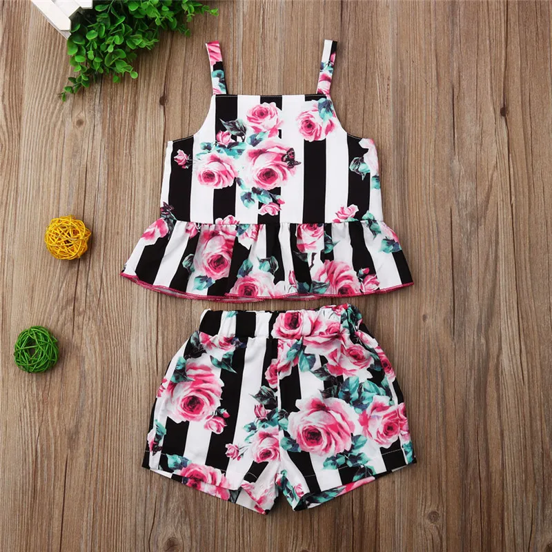 Детская одежда для маленьких девочек комплекты в полоску с цветочным рисунком