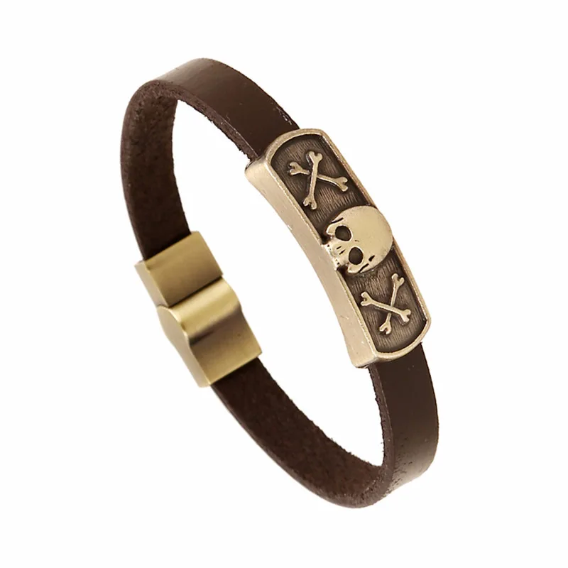 New Arrival Brown Leather Bone Skull Bracelets Zinc Alloy Skeleton Wrist Band for Fashion Male Female Viking Pirates Jewelry | Украшения и