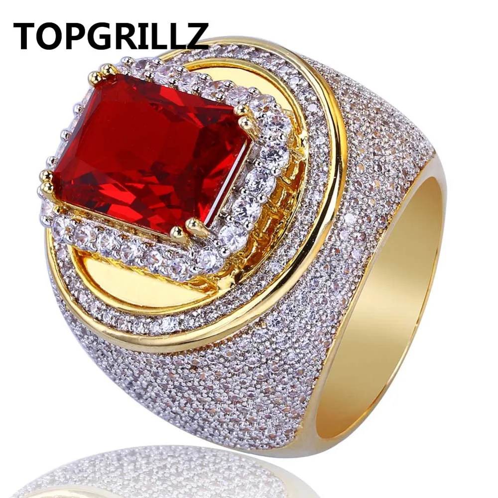 TOPGRILLZ хип-хоп классическое позолоченное кубическое циркониевое большое кольцо с красным камнем индивидуальная Мода для мужчин и женщин ювелирные изделия подарок для влюбленных