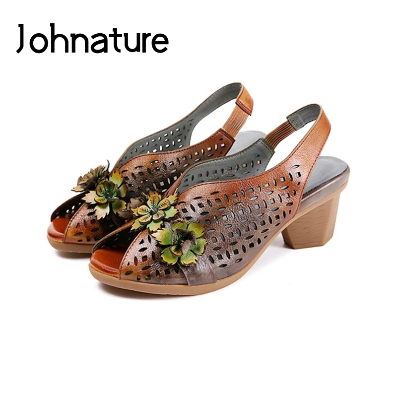 

Женские босоножки ручной работы Johnature, повседневные сандалии из натуральной кожи с цветочным принтом, на резинке, в национальном стиле, летн...