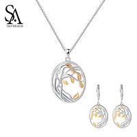 sa silverage silver pendant necklaces drop earrings sets 925 sterling silver yellow gold color jewelry sets for woman life tree