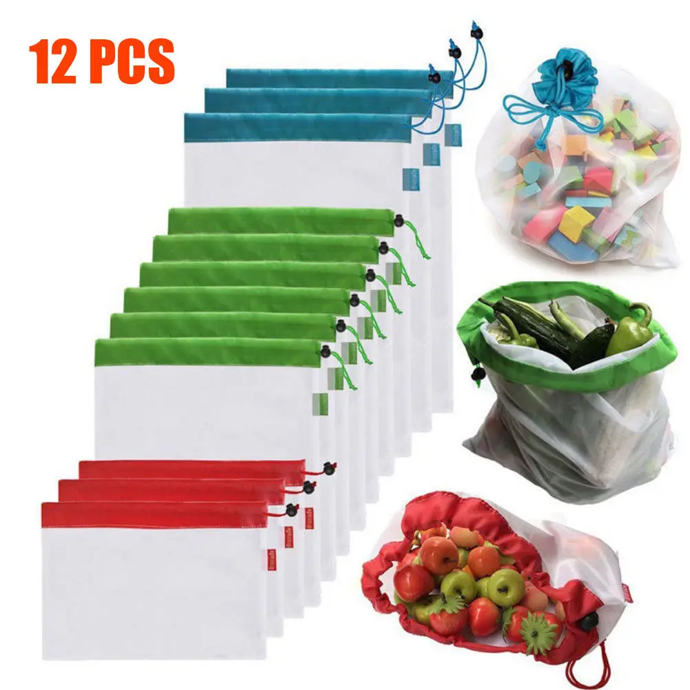 12 PCS 12 шт/15 шт многоразовые сетчатые сумки для производства моющиеся Экологичные сумки для хранения продуктов, игрушек для хранения фруктов и овощей - Цвет: 12 PCS