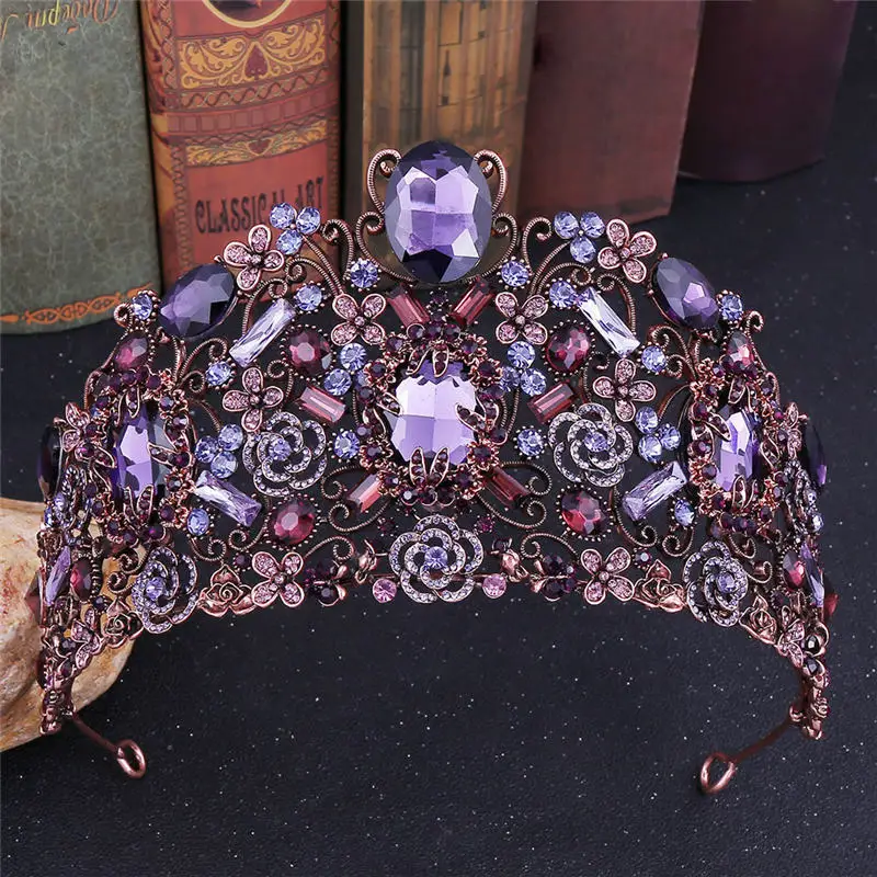Corona de Tiara de cristal púrpura Vintage para mujer, diademas grandes para baile de graduación, desfile, Boda nupcial, joyería para el cabello, adornos para la cabeza