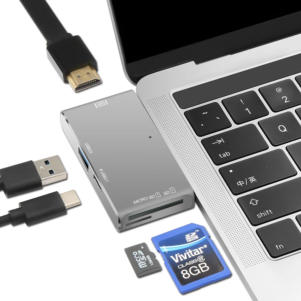 USB C концентратор HDMI 4k адаптер для MacBook Pro Thunderbolt 3 type C концентратор с устройство для чтения карт SD TF USB-C PD зарядное устройство Порт USB 3,1/3,0