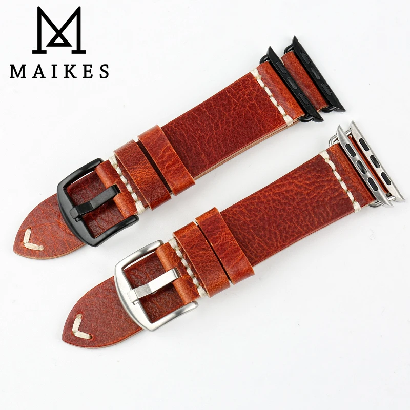 MAIKES Vintage Oil Wax Leather Watchband For Apple Watch Strap 49mm 45mm 44mm 40mm 42mm 38mm iWatch SE Series 8 7 6 5 4 3 2 1