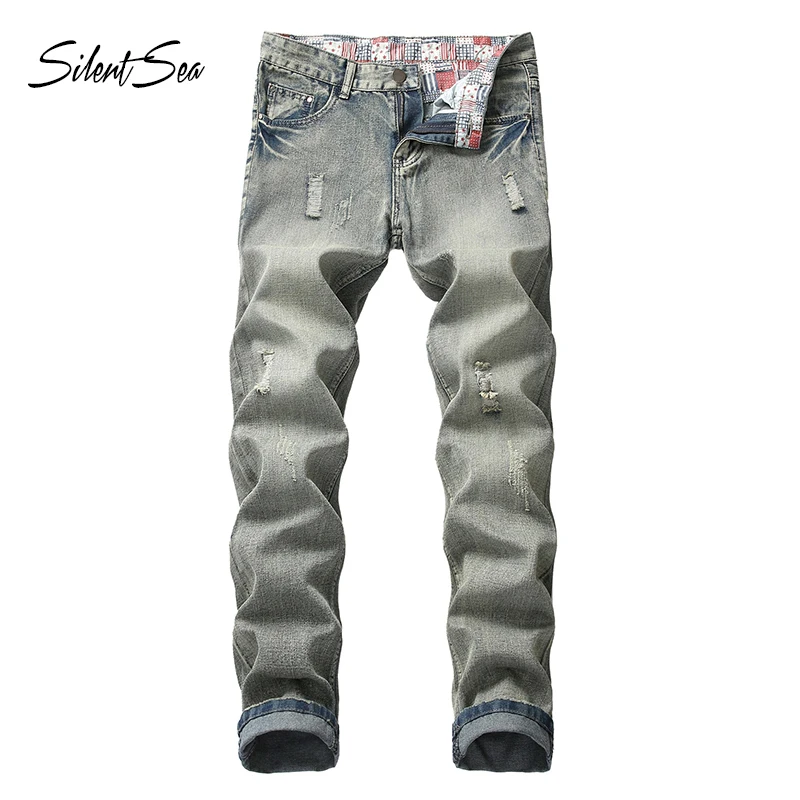 Silentsea Мужские джинсы Slim Fit Классические рваные для мужчин брендовая одежда в