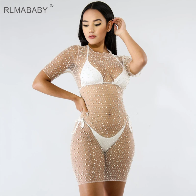 Женское Сетчатое платье rlmaaby с коротким рукавом и бусинами для клубной вечеринки