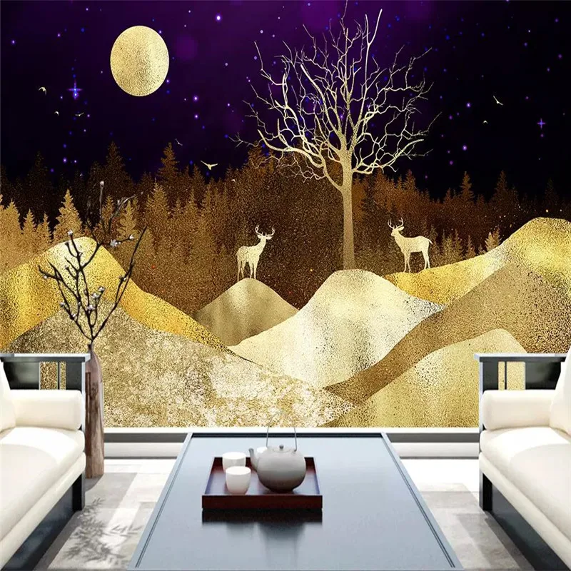 

New Chinese abstract golden landscape wealth tree elk background wall professional making mural photo wallpaper