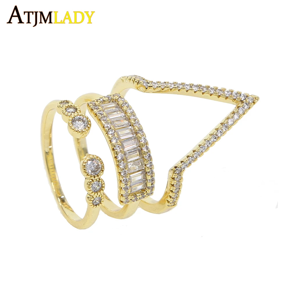 

High Quality Luxury Fashion Baguette CZ V Shape 3Pcs Ring Set Jewelry Wholesale Delicate Dainty Women Thin Band Finger Ring