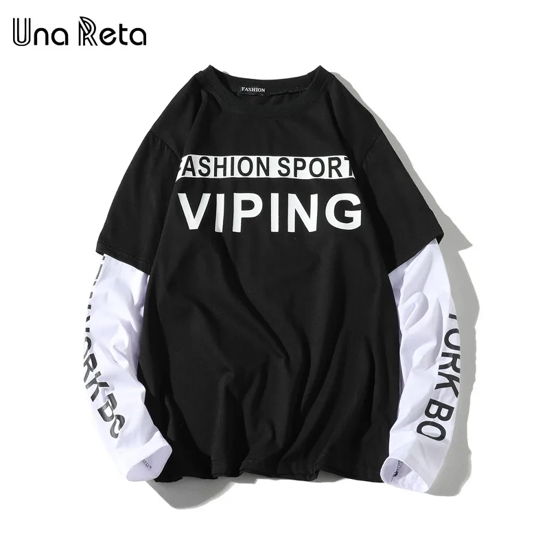 Una Reta T-Shirt Men Spring New Brand Hip-Hop Letter Splicing Tee Top Fake Two Pieces Long Sleeve Streetwear Men T Shirt - Цвет: Черный