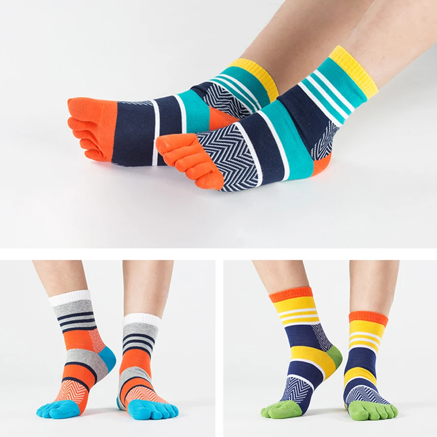 5 pairs/lot Mens Summer Cotton Toe Socks Striped Contrast Colorful Patchwork Men Five Finger Socks Free Size Basket Calcetines
