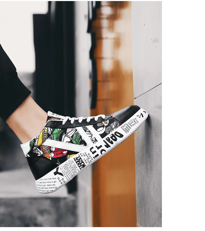 Moipheng New Graffiti Sneakers Autumn Winter High Top Lover Shoes PU Woman Sneakers White Shoes Plus Size Zapatos De Mujer