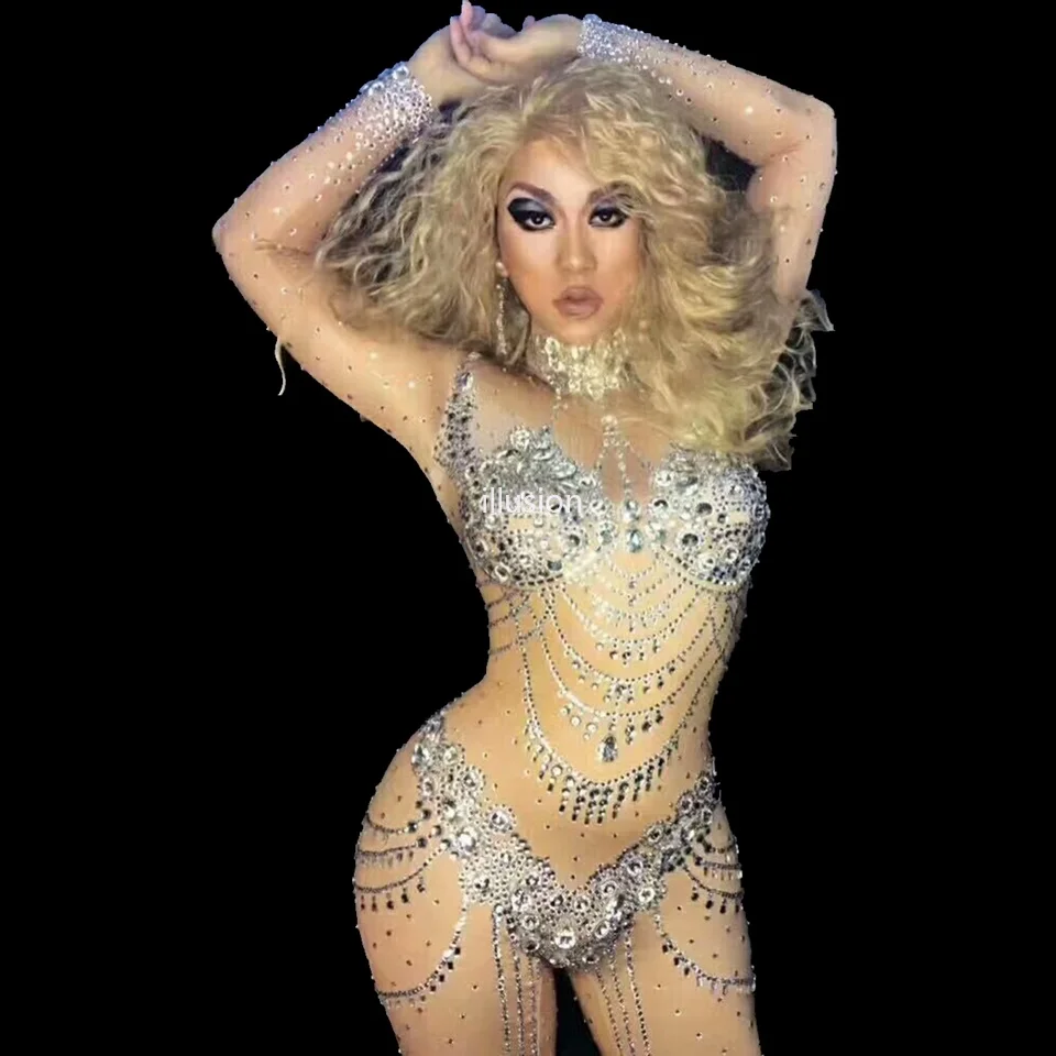 

Sparkly Rhinestone Nude Jumpsuit Women Dance Costume Bling Big Crystal Rompers Outfit Diamond Bodysuit Party Celebrate Club Wear