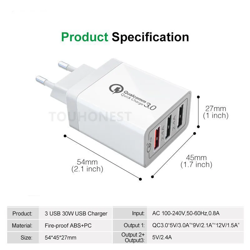 30 Вт USB быстрая зарядка QC 3,0 9 В 2A зарядное устройство для телефона для iPhone 7 8 EU US UK вилка Быстрая зарядка зарядное устройство для samsung Xiaomi huawei