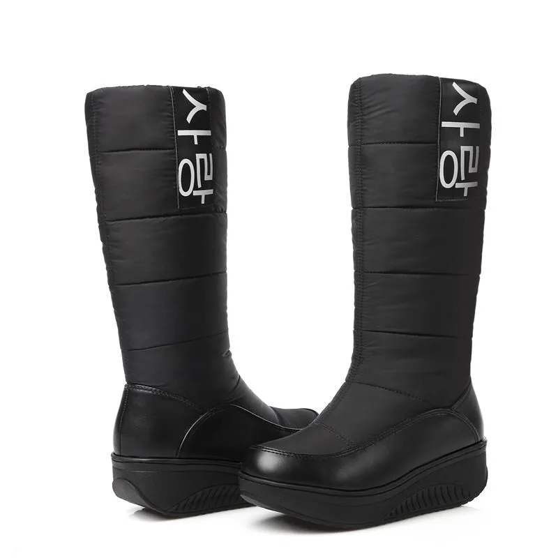 MEMUNIA/женские зимние ботинки, Размеры 35-44 женские зимние ботинки на танкетке, без шнуровки ботинки до середины икры с мехом внутри Женская милая хлопковая обувь
