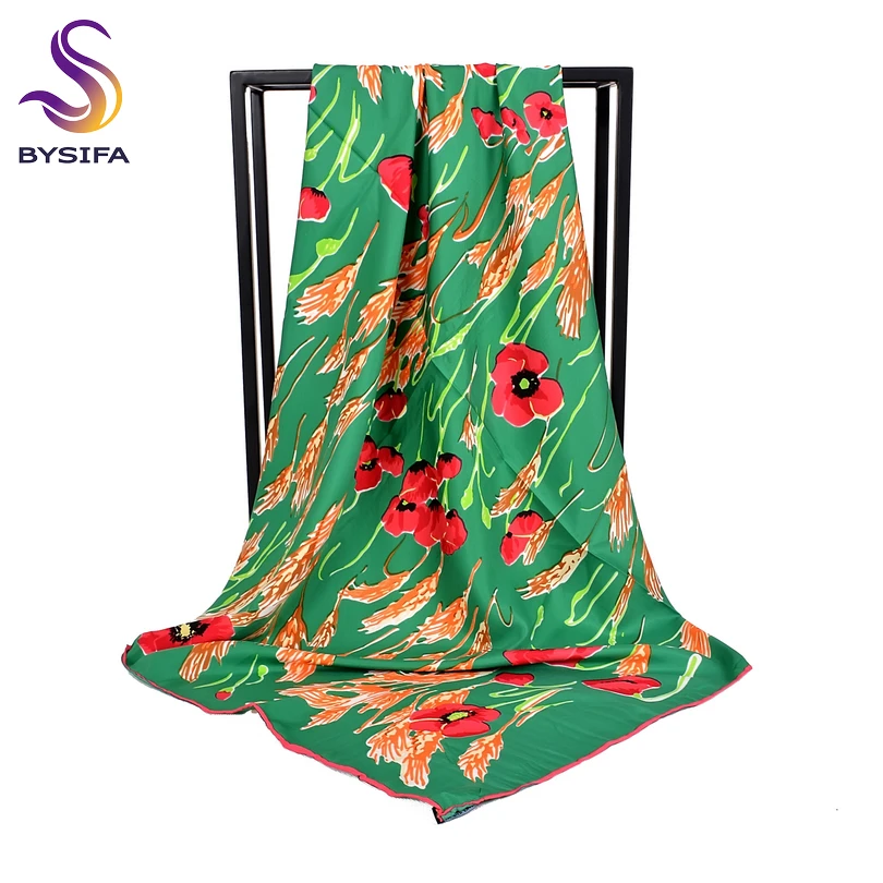 

[BYSIFA] 2022 New Green Silk Scarf Shawl Women Spring Autumn Twill Large Square Scarves Wraps Elegant Floral Headscarf 90*90cm