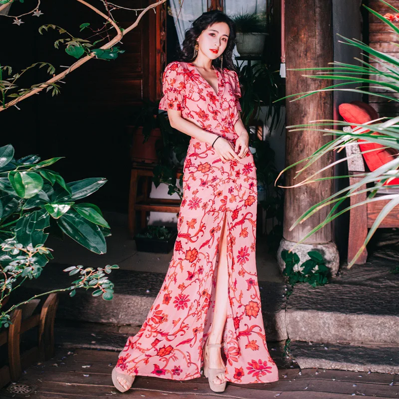 Asymmetrical V Neck Bohemian Maxi Dresses for Women Cotton Short Sleeve Summer Beach Empire Ruffles Floral Vestidos | Женская одежда
