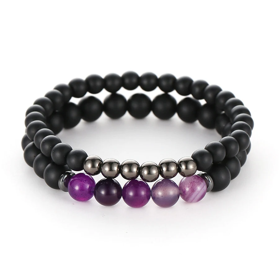 

HOBBORN Trendy Natural Stone Couple Strand Bracelet 8mm Black Matte Onyx Picture Stone Mix Strand Women Men Beads Bracelet Cruz