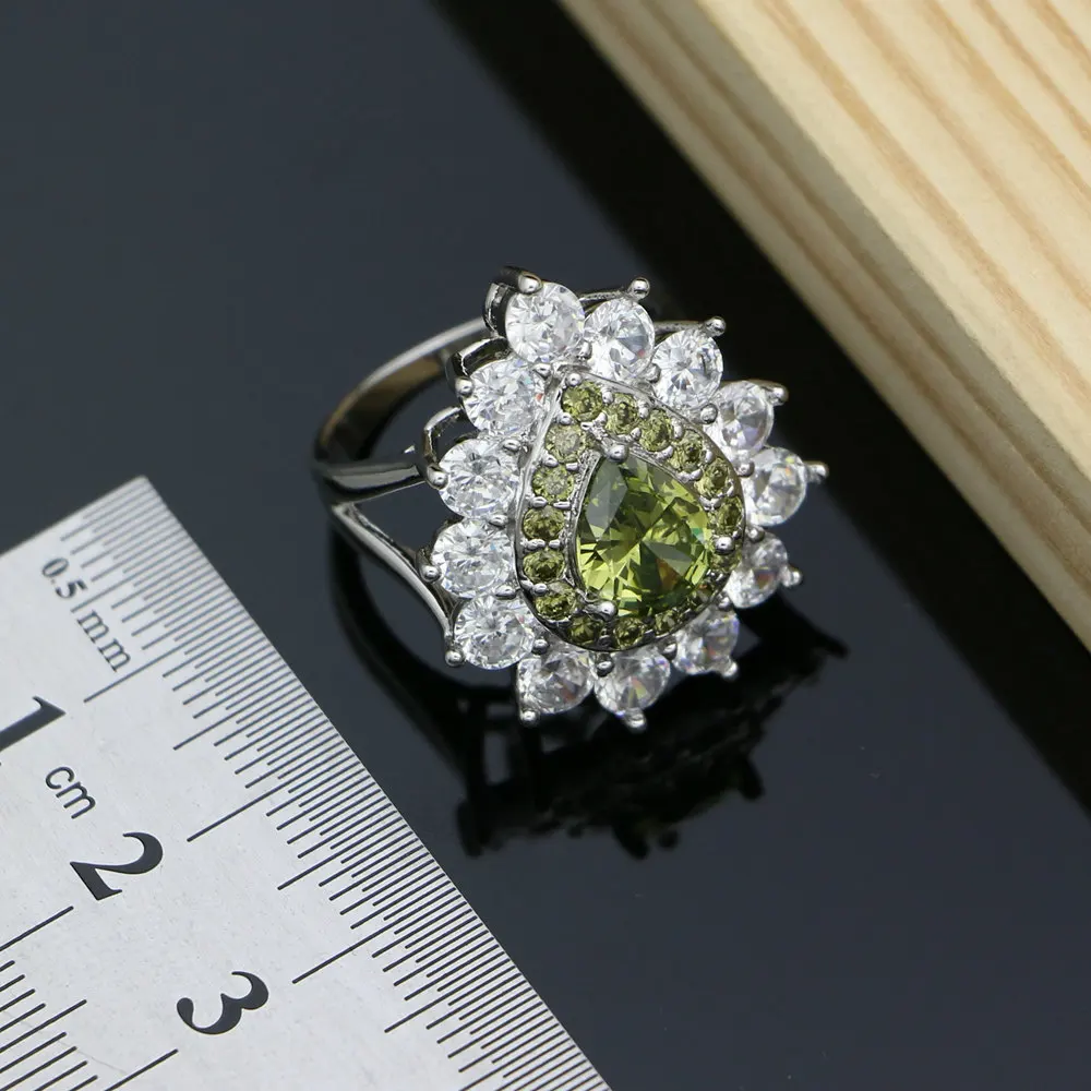 Ring Дропшиппинг серебро 925 ювелирные наборы оливково-зеленый костюм CZ Ювелирные наборы для женщин серьги/кулон/кольца/браслет/ожерелье наборы - Окраска металла: Ring