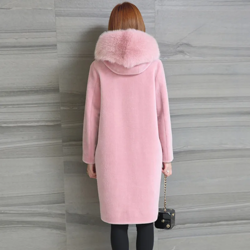 Pink AYUNSUE женская шуба из натурального овечьего меха, пальто с капюшоном и воротником из лисьего меха, зимняя куртка средней длины размера плюс S-5XL NY701 - Цвет: Pink
