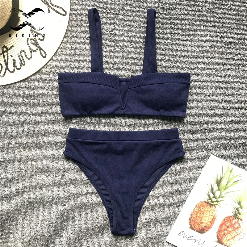 Bikinx Strappy Глубокий v средства ухода за кожей Шеи трусики бикини mujer Push up купальник сплошной Высокая талия женский купальник бикини сексуальное бикини - Цвет: Navy blue