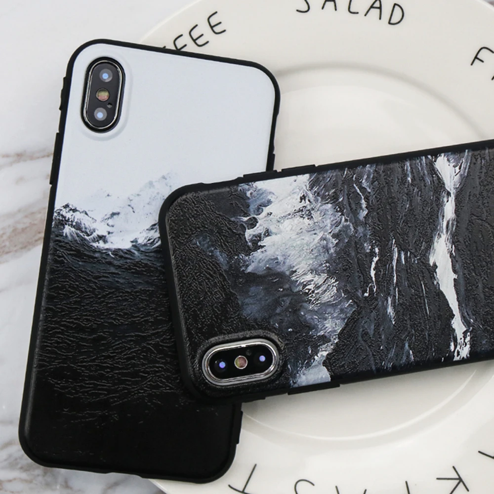 Fashion 3D Emboss Sea Waves Soft TPU Case For iPhone X Black White Relief Snow Mountain Painting Back Cover Anti-knock |