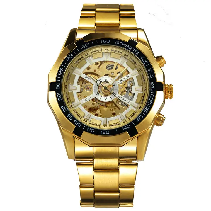 GOLD BLACK WHITE WINNER официальный стимпанк мужские часы лучший бренд класса люкс автоматические механические часы со скелетом полный стальной Ремешок Модные наручные часы - Цвет: GOLD BLACK WHITE