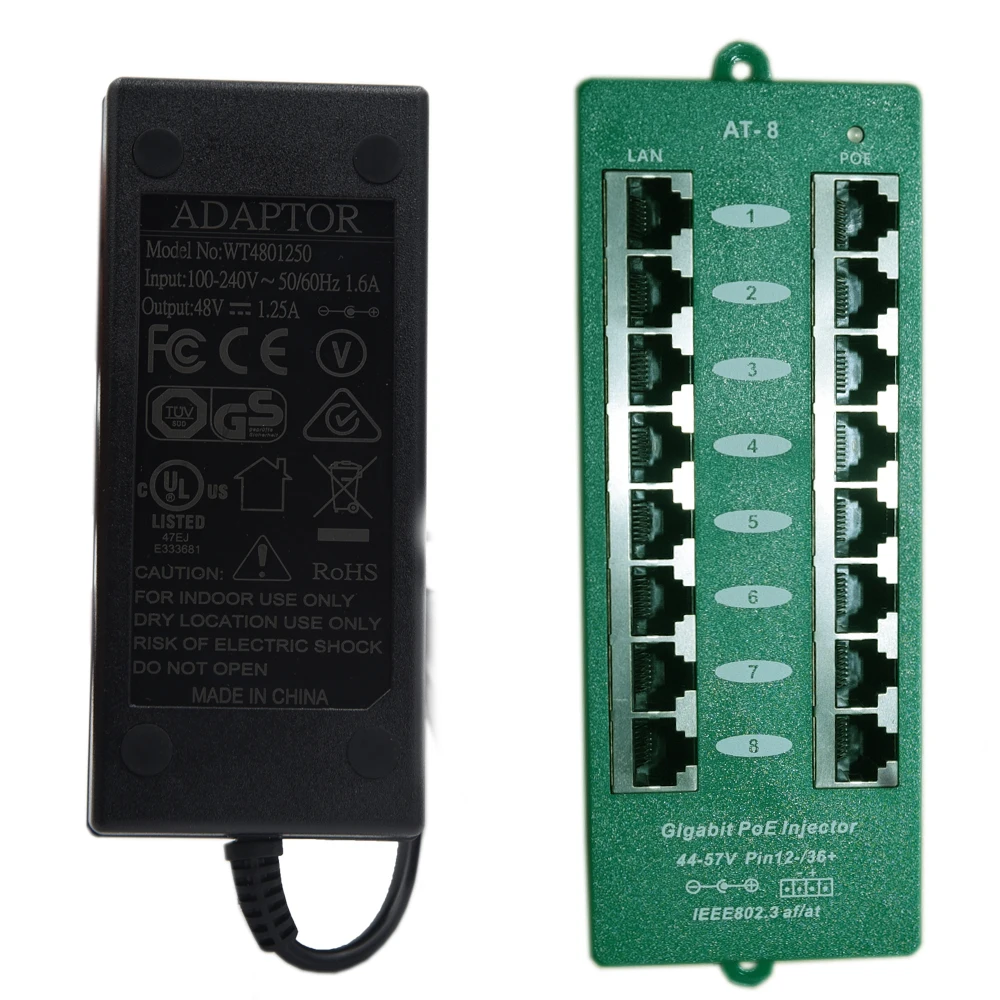 8 портов Gigabit Power over Ethernet PoE + автоматический переговорный инжектор с 48 Вольт 60 Вт