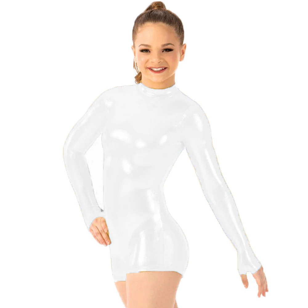 White OVIGILY/Детская водолазка, металлические бикетарды, блестящая короткая одежда для гимнастики, для девочек, с длинным рукавом, для танцев, трико с отверстиями для пальцев - Цвет: White