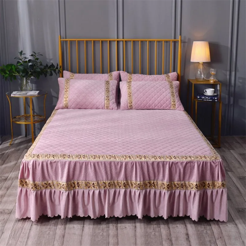 Плюшевая теплая мягкая стеганая кровать юбка розовая гофрированная постельное