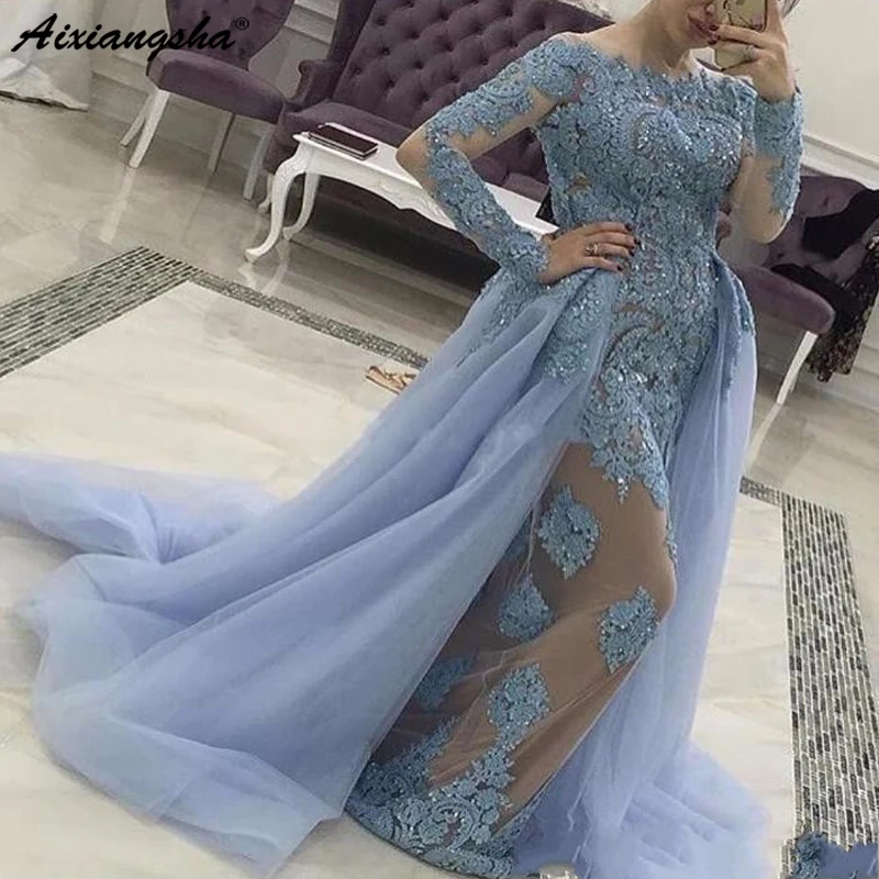 

Long Sleeves Formal Gowns Evening Wear Boat Neck Appliques Beads Mermaid Modest Prom Party Dress robe de soiree