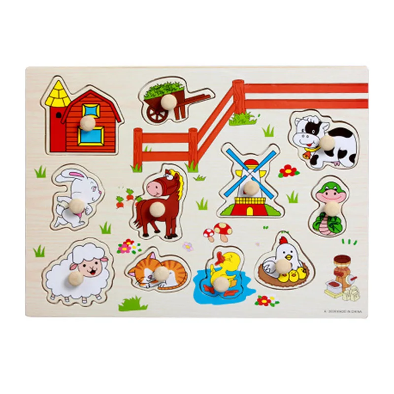 Montessori Baby wooden Toys kids wooden puzzle toys sorters for children wood game for children 3 years Hand Grab Board Set - Цвет: farm