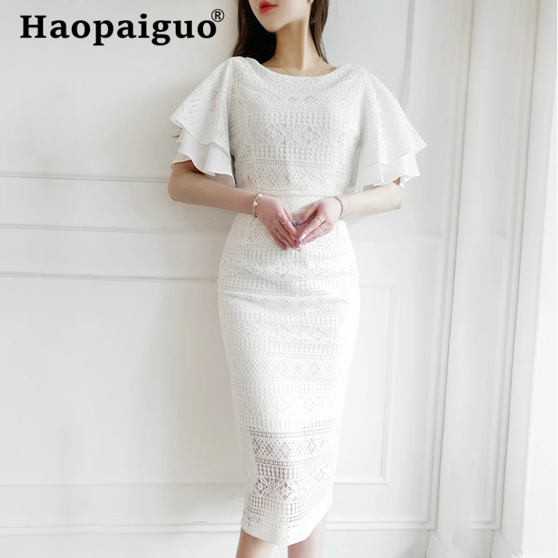 

Large Size White Wrap Lace Dress Summer 2019 Ruffle Sleeve Solid Corset Midi Dress Women Casual Vintage Dress Plus Size Sukienki