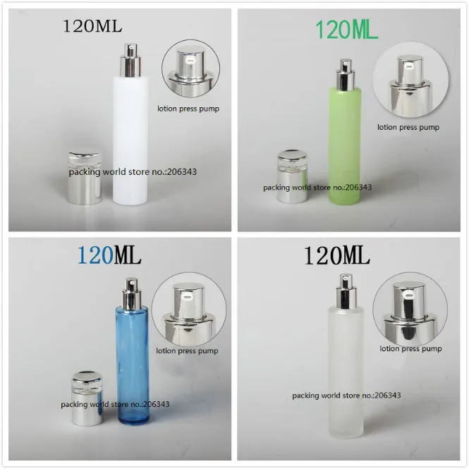 120ml pearl white/green/blue/frosted glass bottle with silver pump & lid for serum/lotion/emulsion/foundation skin care packing