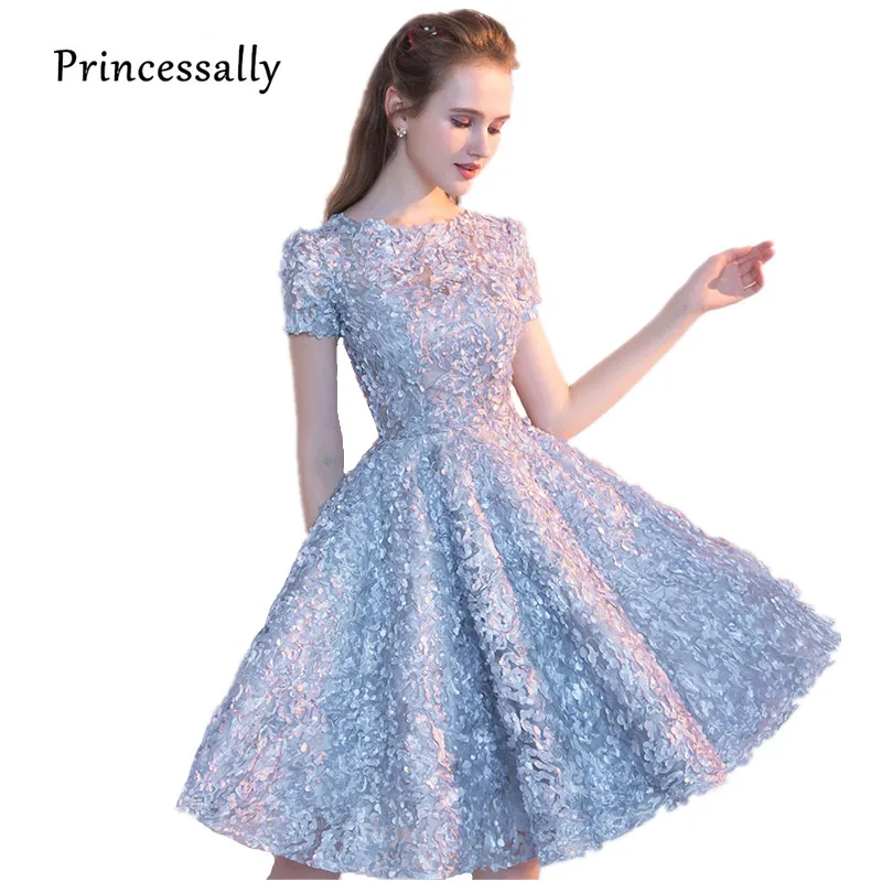 Женское вечернее платье сорие новое серое короткое Кружевное с круглым вырезом и