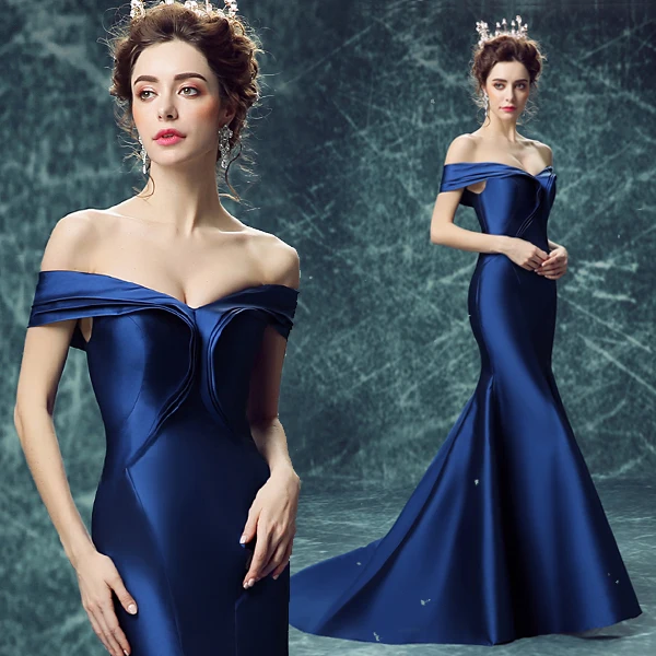 Роскошный SSYFashion Королевский синий атласный Сексуальный рыбий хвост вечернее платье невесты тонкий банкет с открытыми плечами на шнуровке длинное платье для выпускного вечера
