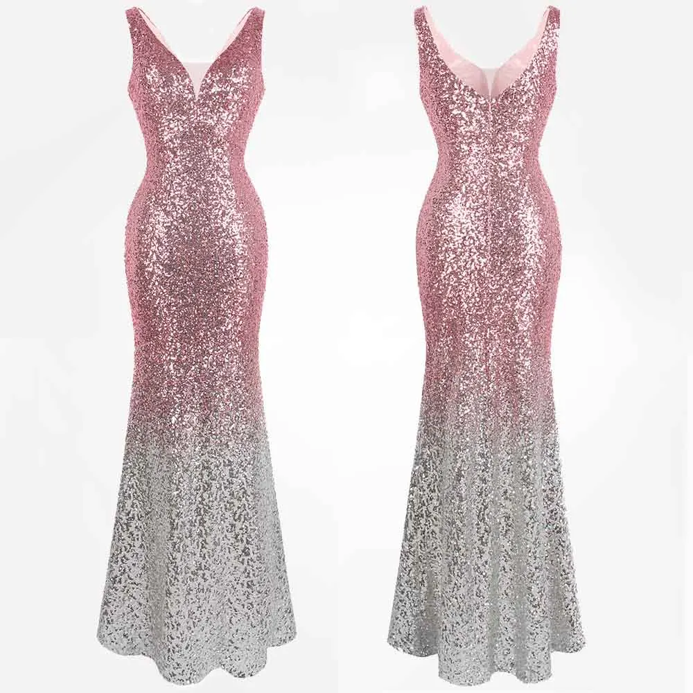 pink silver 382 Angel-Fashion, женские градиентные вечерние платья, с блестками, v-образный вырез, Русалка, контрастные цвета, вечерние платья, черный, красный, 382 - Цвет: pink silver 382