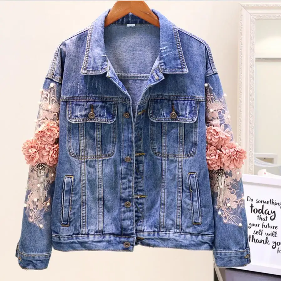 

2022 Autumn fashion Jean Coat Vintage loose Streetwear Embroidery three-dimensional Denim Jacket Women