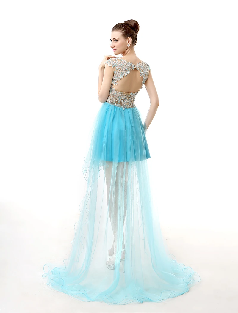 Коктейльные платья на выпускной с короткой передней и длинной спинкой небесно