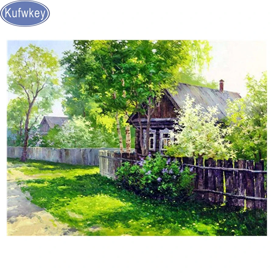 Природный пейзаж картина выложенная алмазами с украшением в виде кристаллов дом