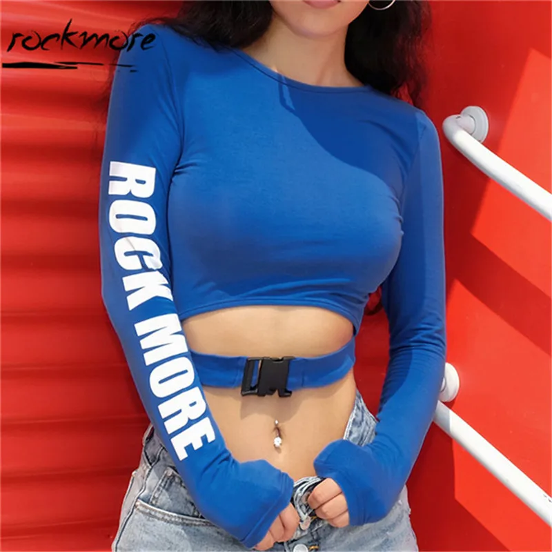 Rockmore/однотонная хлопковая Футболка Kawaii, Женская открытая укороченная футболка с длинным рукавом, осенняя Повседневная футболка с круглым вырезом и буквенным принтом