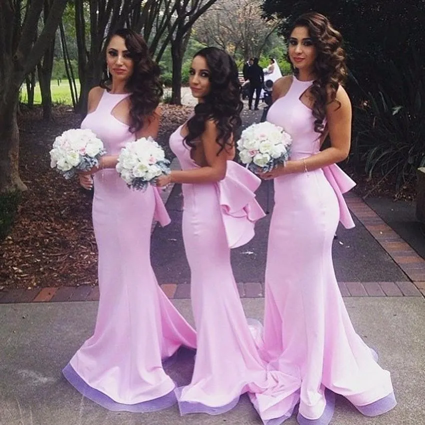 

Pink Mermaid Bridesmaid Dress Satin O Neck Spaghetti Strap Tiered Back Design Prom Gown for Weddings vestido longo