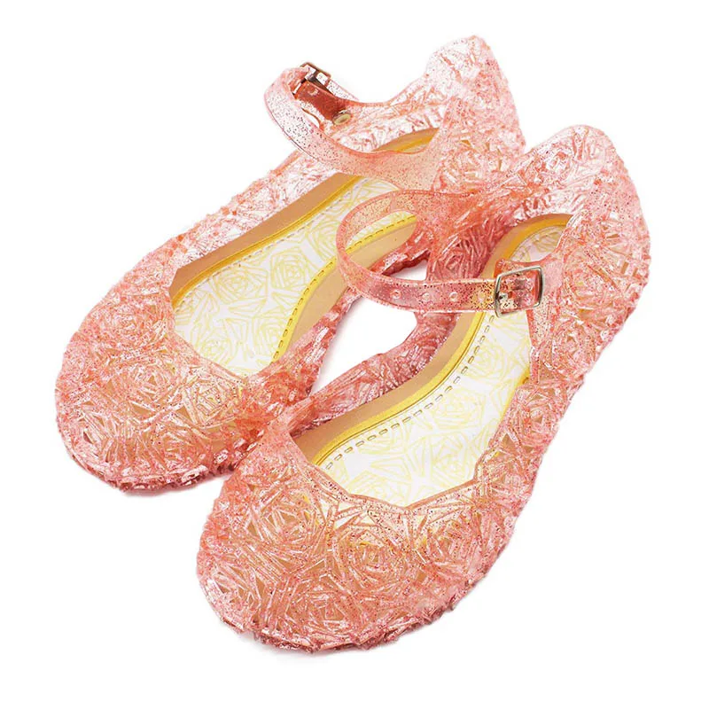 Orange Pink Sandals Дети Детские сандалии для девочек из мягкой кожи с украшениями в виде кристаллов; милая детская обувь для девочек День рождения Косплей платье принцессы «Золушка» «Холодное сердце» туфельки Эльзы - Цвет: Orange Pink Sandals