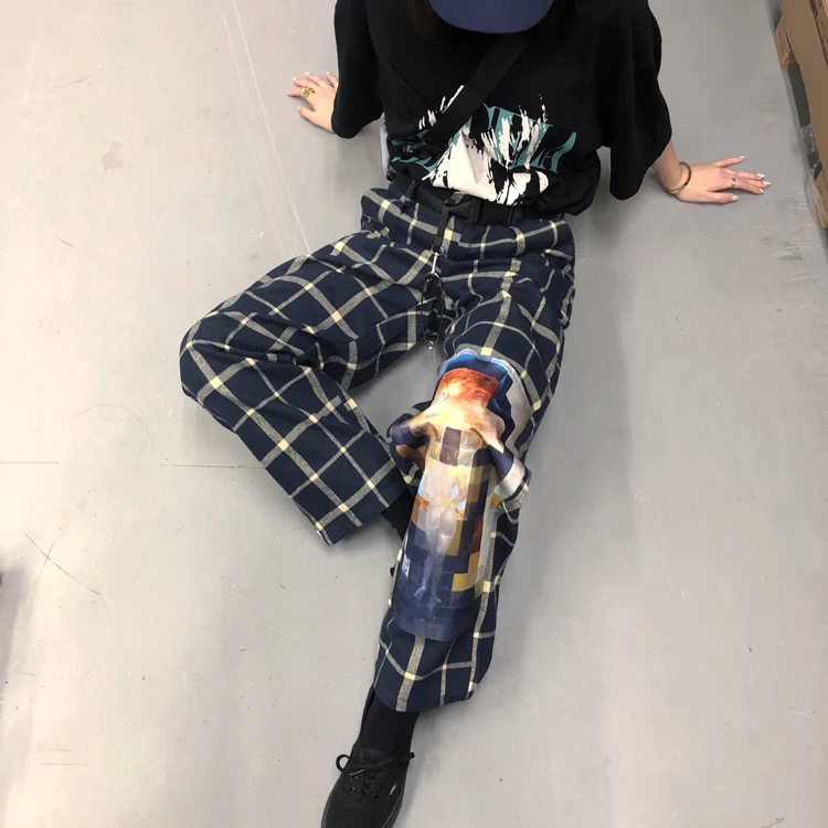 Woherb Harajuku, женские и мужские винтажные клетчатые брюки с принтом, брюки с эластичной талией, хип-хоп стиль, уличная одежда,, свободные прямые брюки
