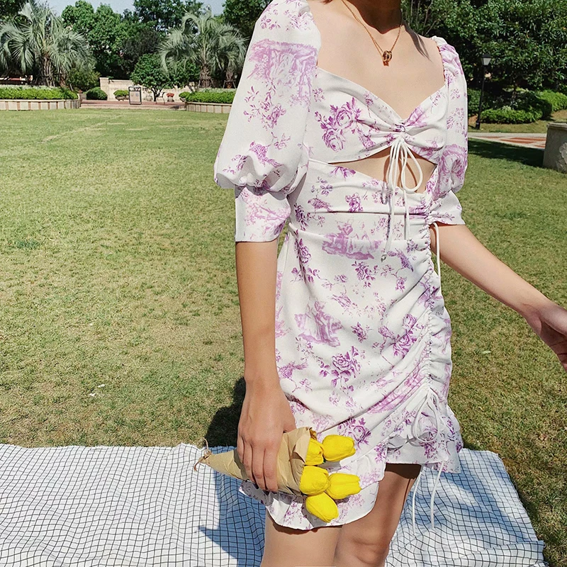 Повседневное женское летнее платье с цветочным принтом винтажное шифоновое