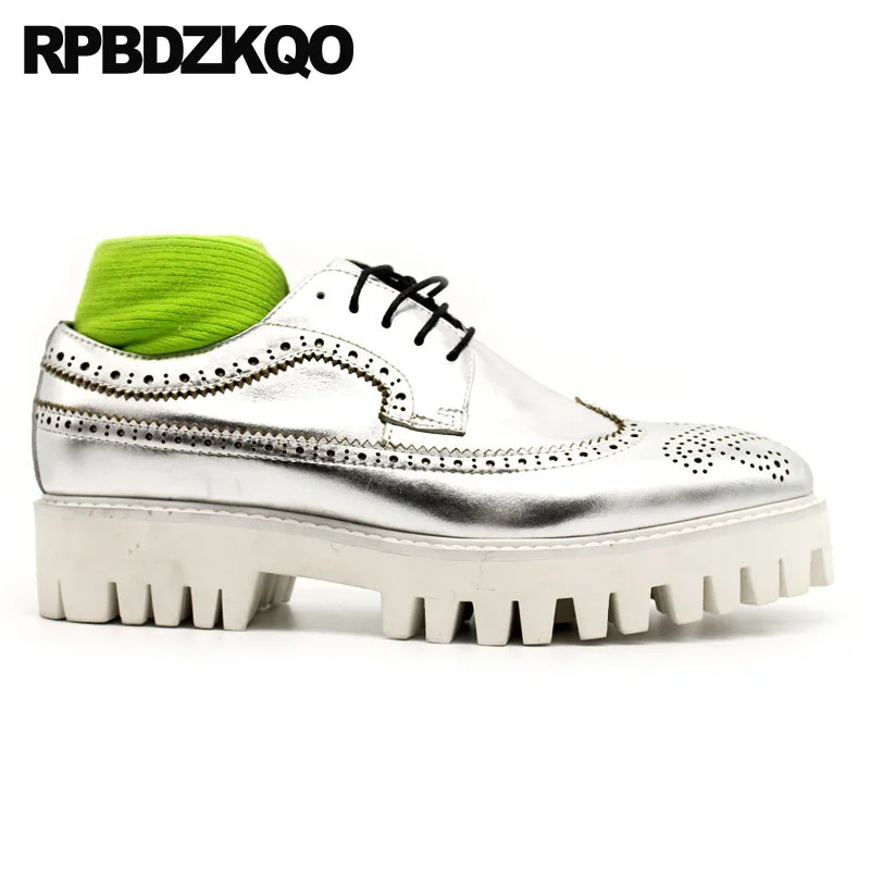 Creepers Men Oxfords Shoes Handmade Genuine Leather Casual Spring High Quality Brogue Luxury Big Size Silver Lace Up Wingtip | Обувь
