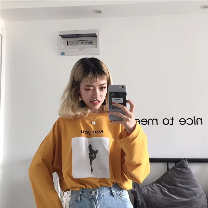 YouGeMan футболка Femme Осень корейский стиль Ulzzang Harajuku мультяшный принт длинный рукав футболка женская повседневная с o-образным вырезом топы