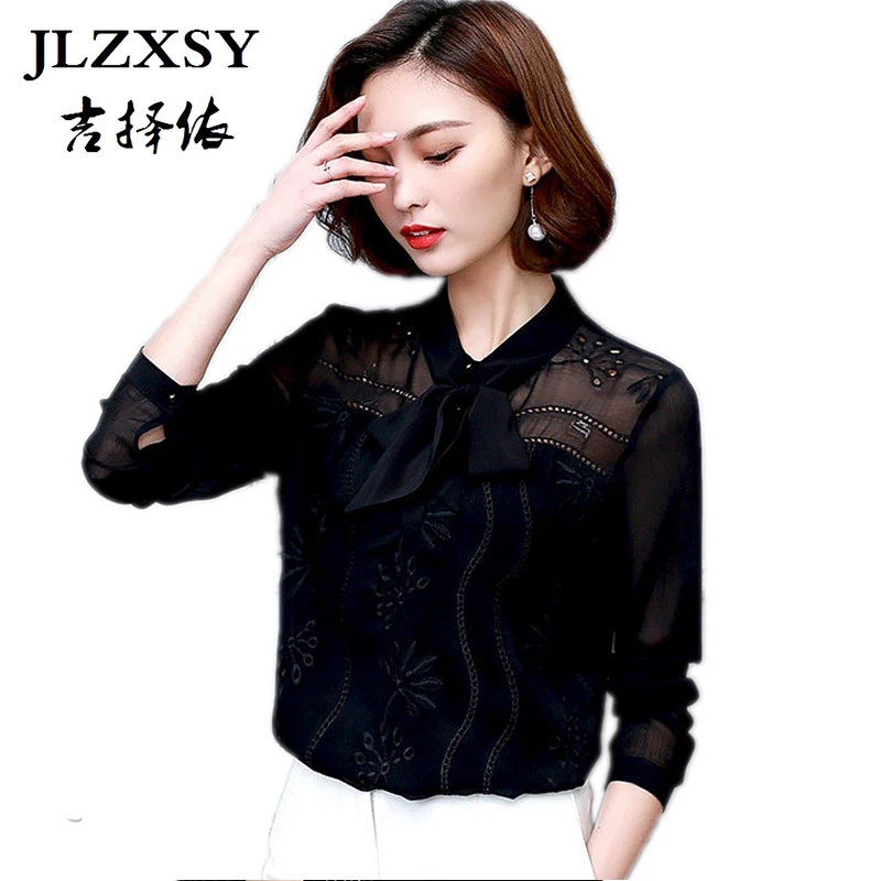 Jlzxsy Новинка 2017 года осень Bow Tie Solid Блузка ПР Для женщин Элегантный Вышивка Кружево